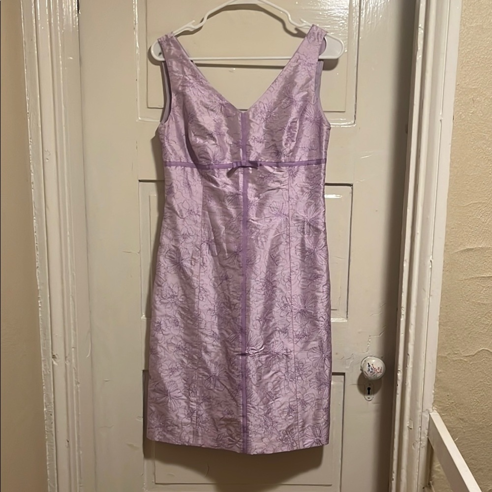 Purple Floral Silk Midi Dress with V-Neck for Wedding Guest